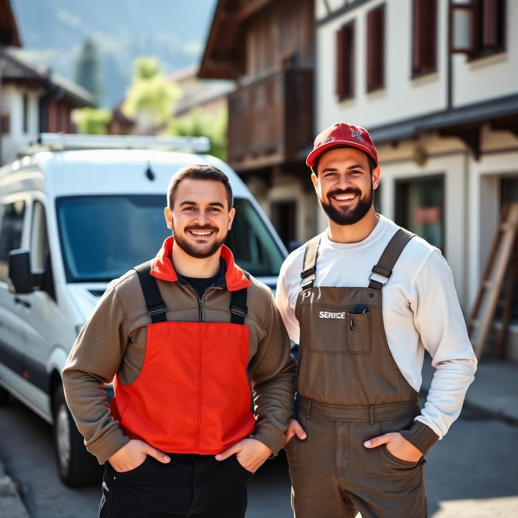 Zwei Schweizer Handwerker vor ihrem Service-Van