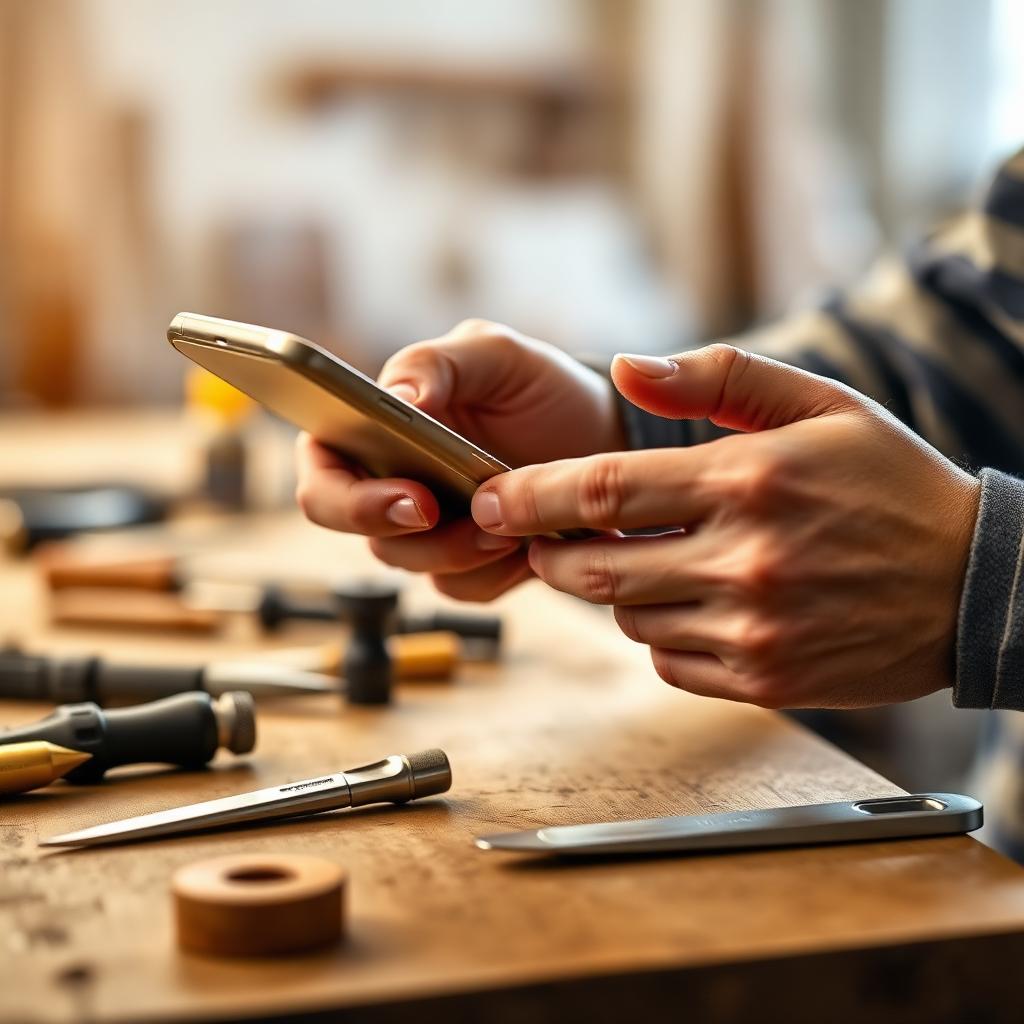 Handwerker checkt sein Telefon auf der Werkbank